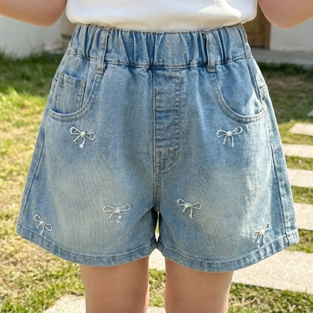 Fashion Bow Embroidery Girls Denim Shorts Breathable Elastic Waist Short Jeans Sweet Soft Summer Shorts