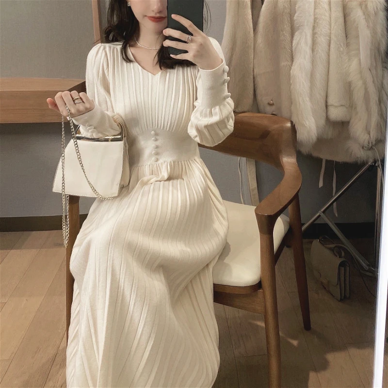 

Knitted Dress Women Casual Long-sleeved Retro Elegant Office Sweater Dress Women Autumn and Winter One-piece Dress Vestidos