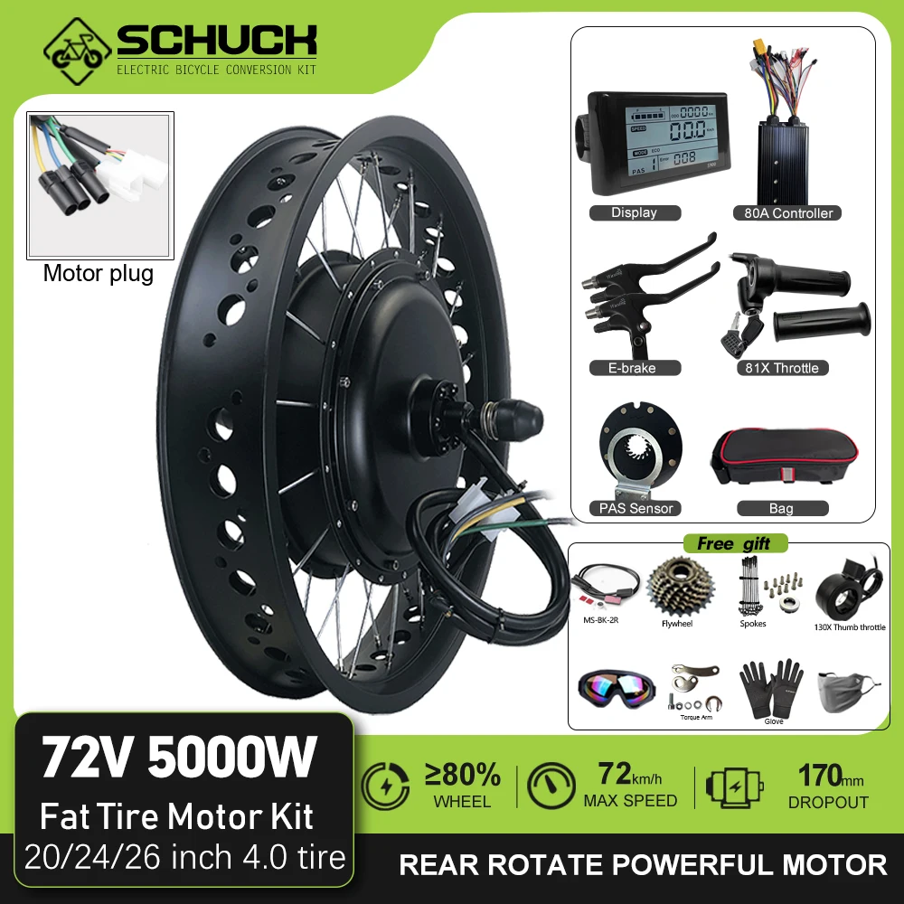 AliExpress schuck Electric Bike 72V 5000W Conversion Kit 4.0Tire Rear Brushless Non-gear Hub Motor Wheel for Fat tire Bike Motor kit 20/24/26inch