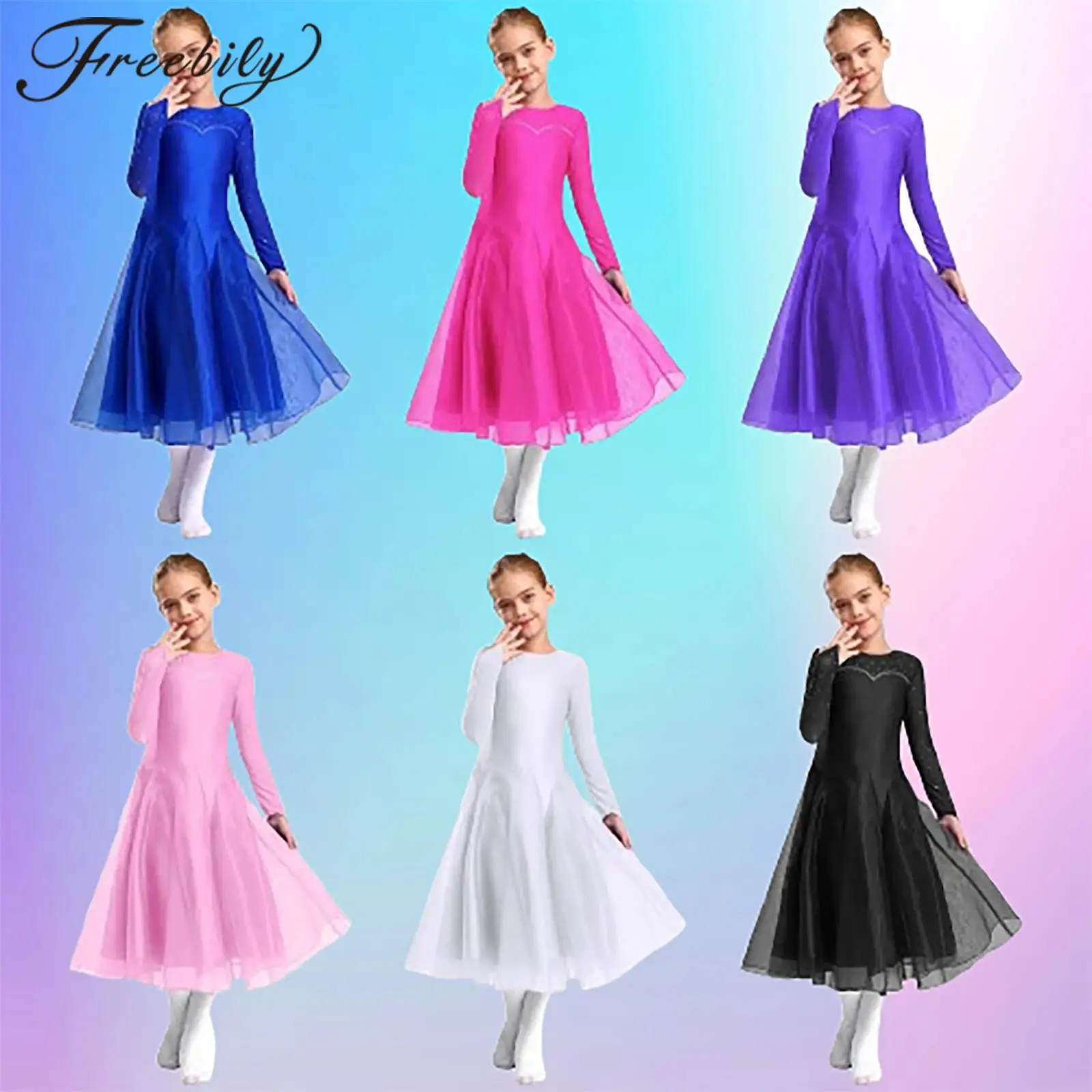 

Kids Girls Ballet Dress Elegant Sheer Mesh Rhinestone Dancewear Dancing Competition Tango Latin Dance Ballroom Dancing Dress