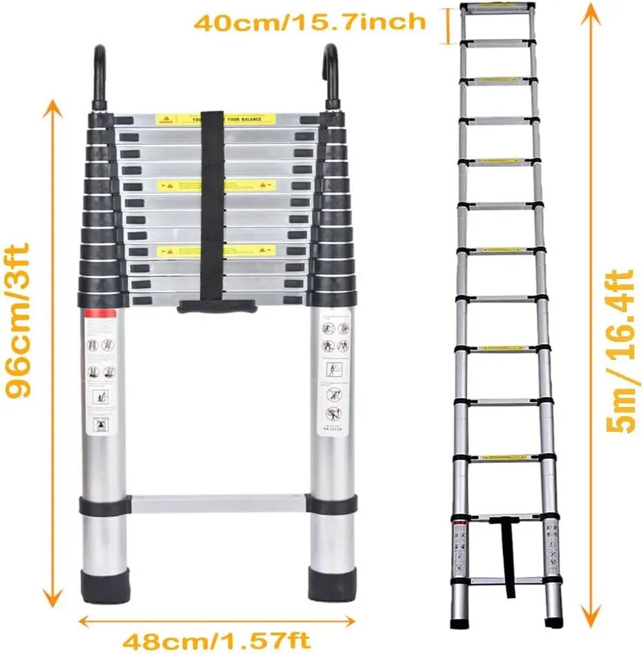 Detachable Hooks 16.4FT, One-Button Retractable Collapsible Ladder, Telescoping Folding Ladder, RV Home Loft Attic Ladder, 330lb