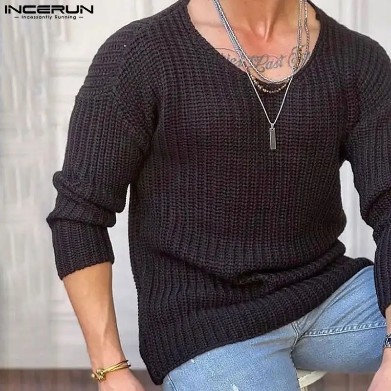 INCERUN Tops 2024 American Style Casual Men's Knitted Texture T-shirt Casual Simple Male Comfortable Long Sleeved Camiseta S-5XL