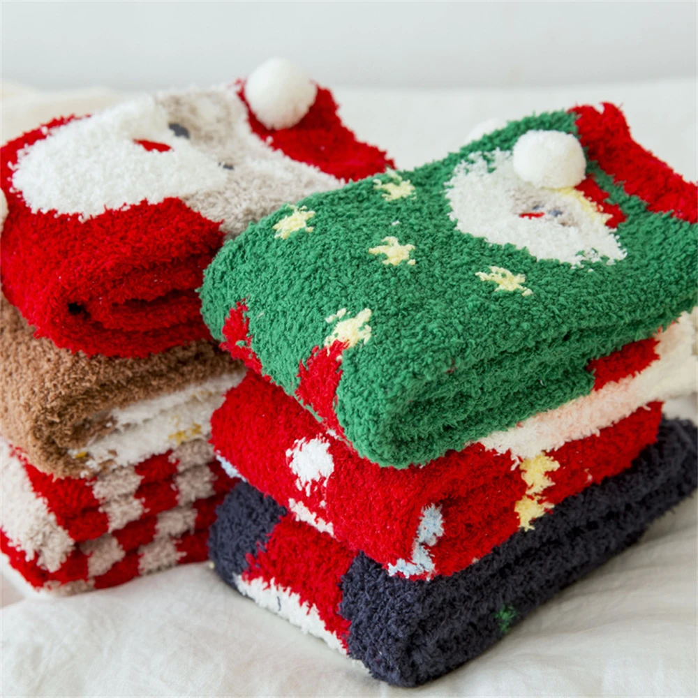 

Christmas Socks For Women Autumn Winter Mid-tube Thick Coral Fleece Sleeping Warm Cute Cartoon Santa Claus Plush Short Sock Gift