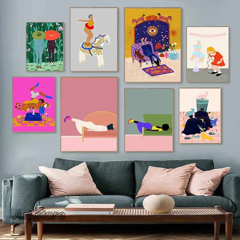 （2D canvas painting）Nordic Woman Maddies Mood Sofa Pony Jump Funny Posters Prints Canvas Painting Abstract Daily Life Wall Ar