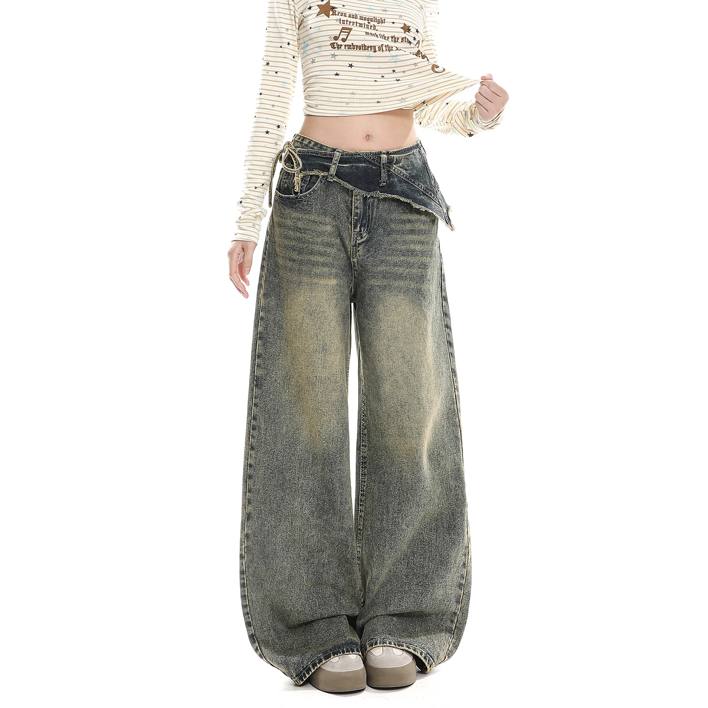 

Американские синие джинсы с эффектом потертости, женские, свободного кроя, прямые брюки, весна 2026, модные повседневные джинсы