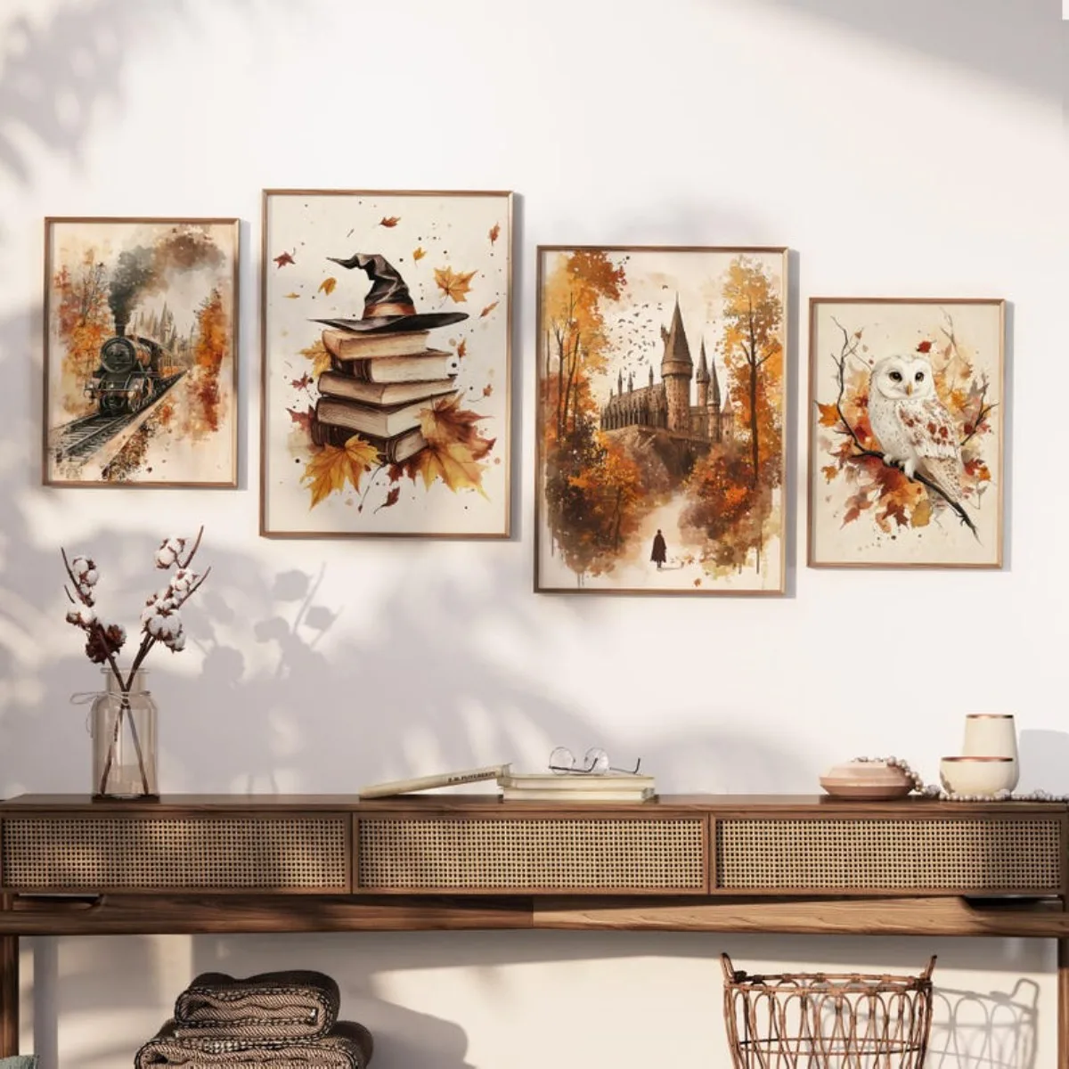 4 قطعة/المجموعة الخريف يترك قماش يطبع المشارك الرجعية ماجيك كتاب البومة قطار جماليات الفن يطبع غرفة نوم الخريف ديكور المنزل ملصق فني