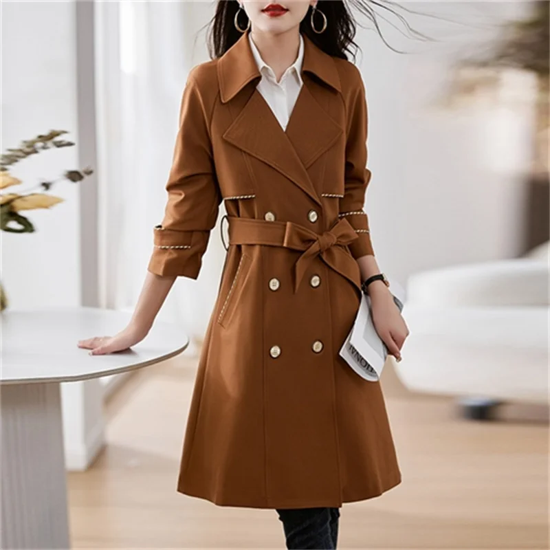 

2026 модный карамельный плащ, женская длинная ветровка, весна-осень, двубортный плащ с поясом, повседневная верхняя одежда с завязкой на талии