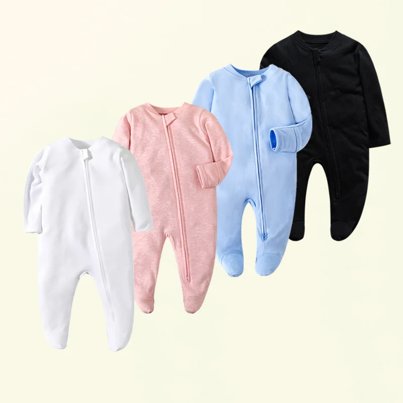 Newborn Baby Clothes Footed Pajamas Zipper Girl and Boy Romper 0-12 Months Soft Cotton Solid White Fashion Long Sleeve Jumpsuit