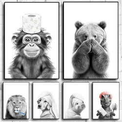 Funny Canvas Poster Cat Giraffe Dog Elephant Toilet Paper Bathtub Funny Bathroom Poster Wall Art Shower Room Home Decoration
