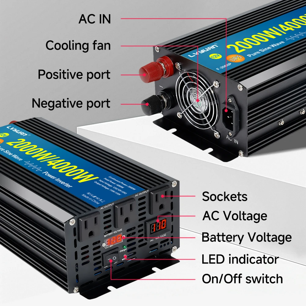 LVYUAN 1500W Inverter with UPS Function and 15A AC Charger for Power Inverter 12V to 110V Peak 3000W Backup Power Supply - view 3