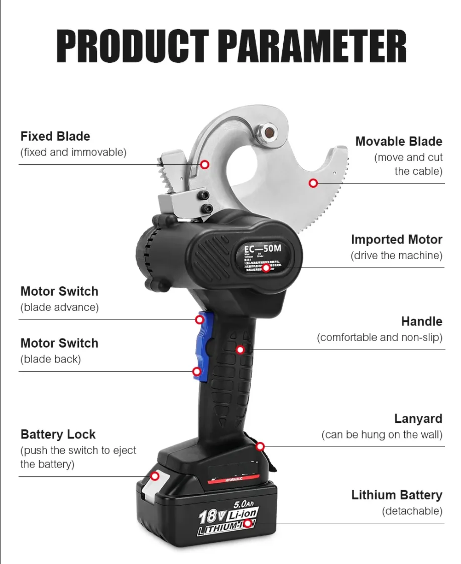 Hydraulic Cable Cutter, EC-65 Battery Powered Electric Cordless Updated Tool Ratchet Max 65 mm Cu Al Cable Wire Scissors