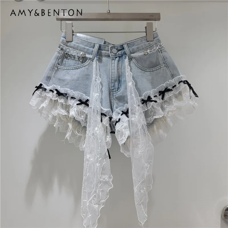 

High Waist Loose A Line Denim Shorts With Lace Splicing Trendy Y2K Booty Pants Casual Versatile Lady Short Pants Daily Outfit