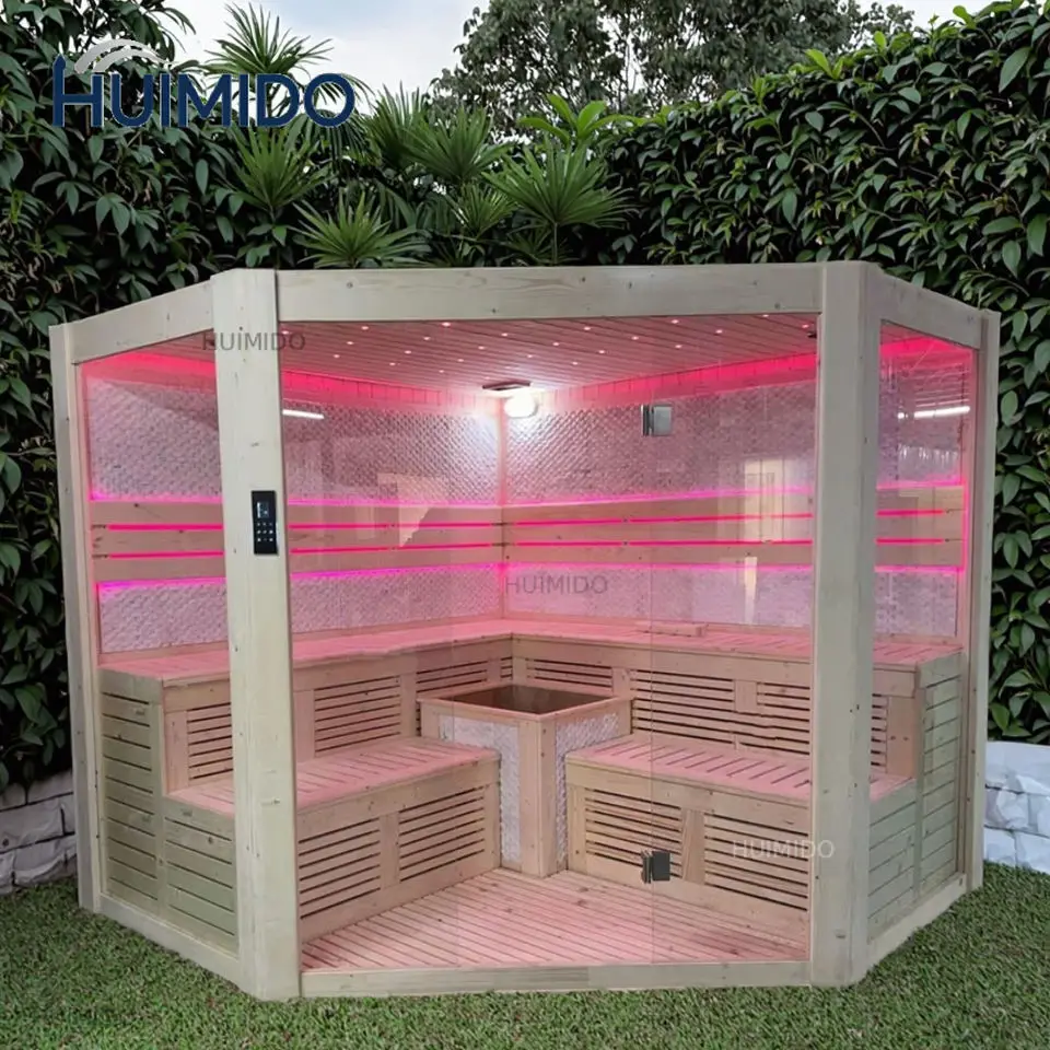 Commercial Finnish luxury large wood wet and dry steam sauna room with heating furnace indoor traditional sauna room