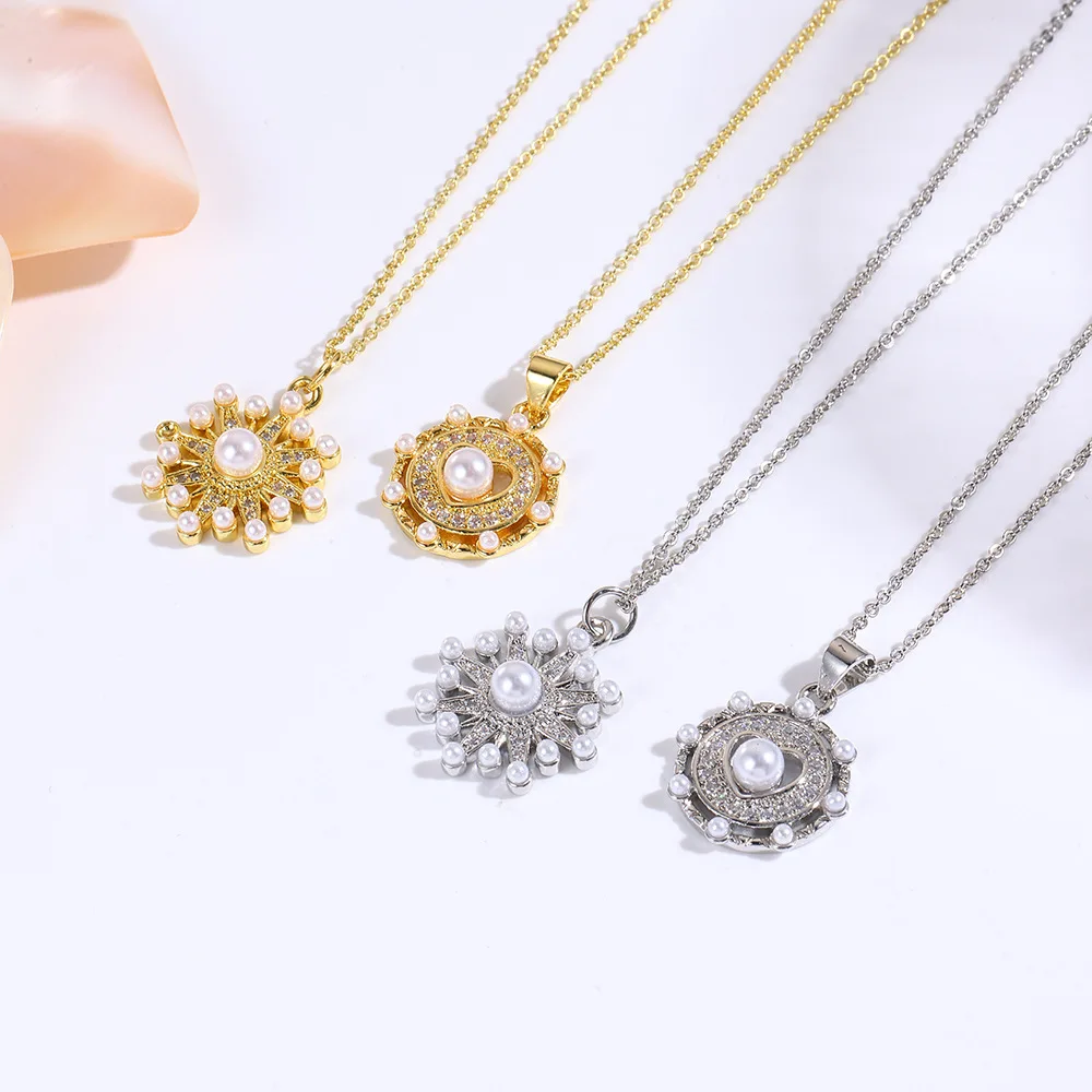 3 fresh and sweet imitation pearl love snowflake necklace pendant, copper plating color retention personality trend pendant
