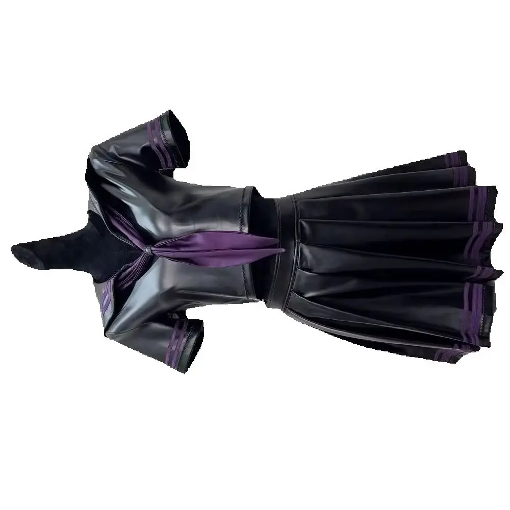 Women Glossy PU Leather 3/piece Set Cosplay School Uniform Black Purple Trim Short Sleeve Crop Top Pleated MiniSkirt Party Stage