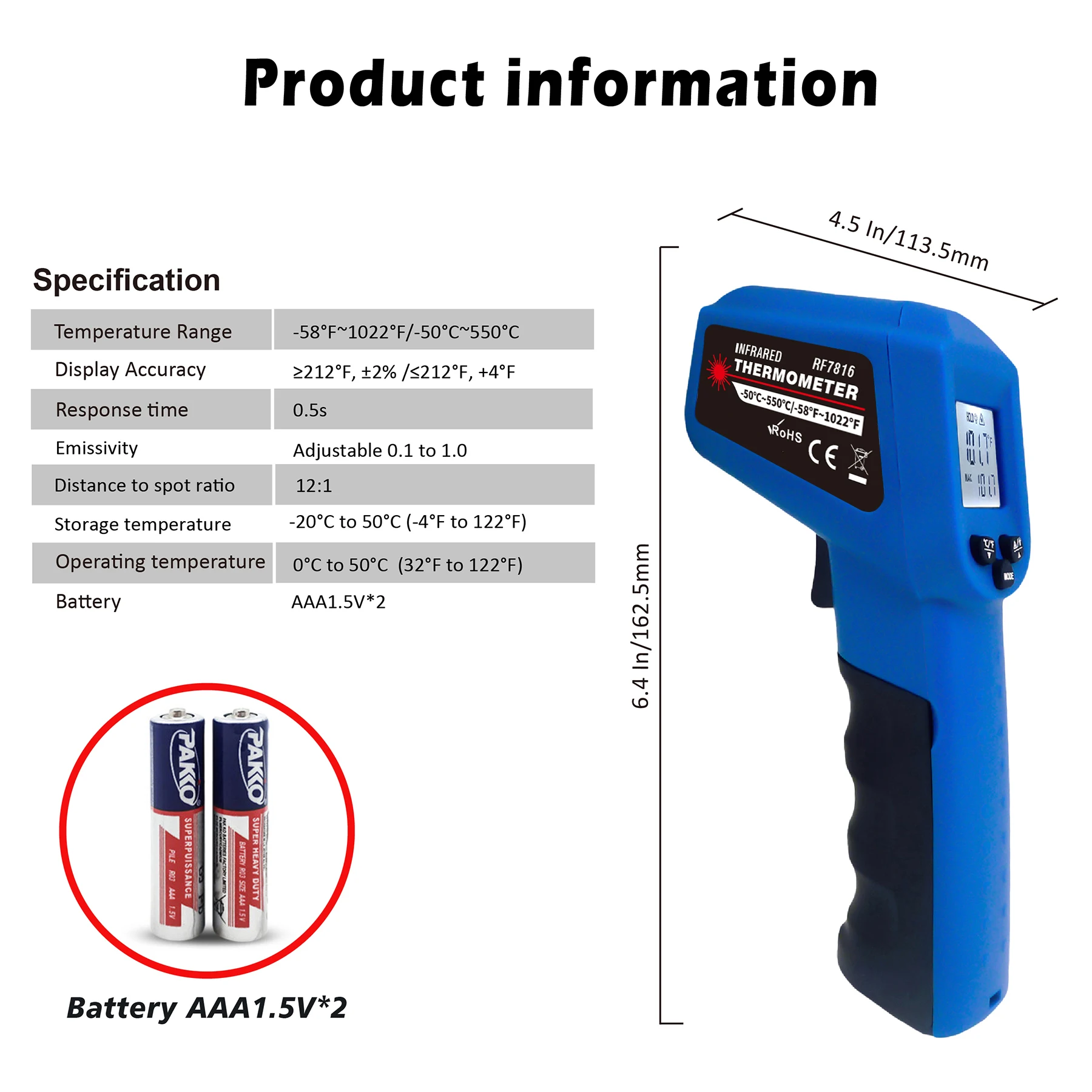 LCD Industrial Electronic Thermometer NonContact -50~550°C Digital Laser Temperature Meter Gun Laser Point Infrared Thermometer