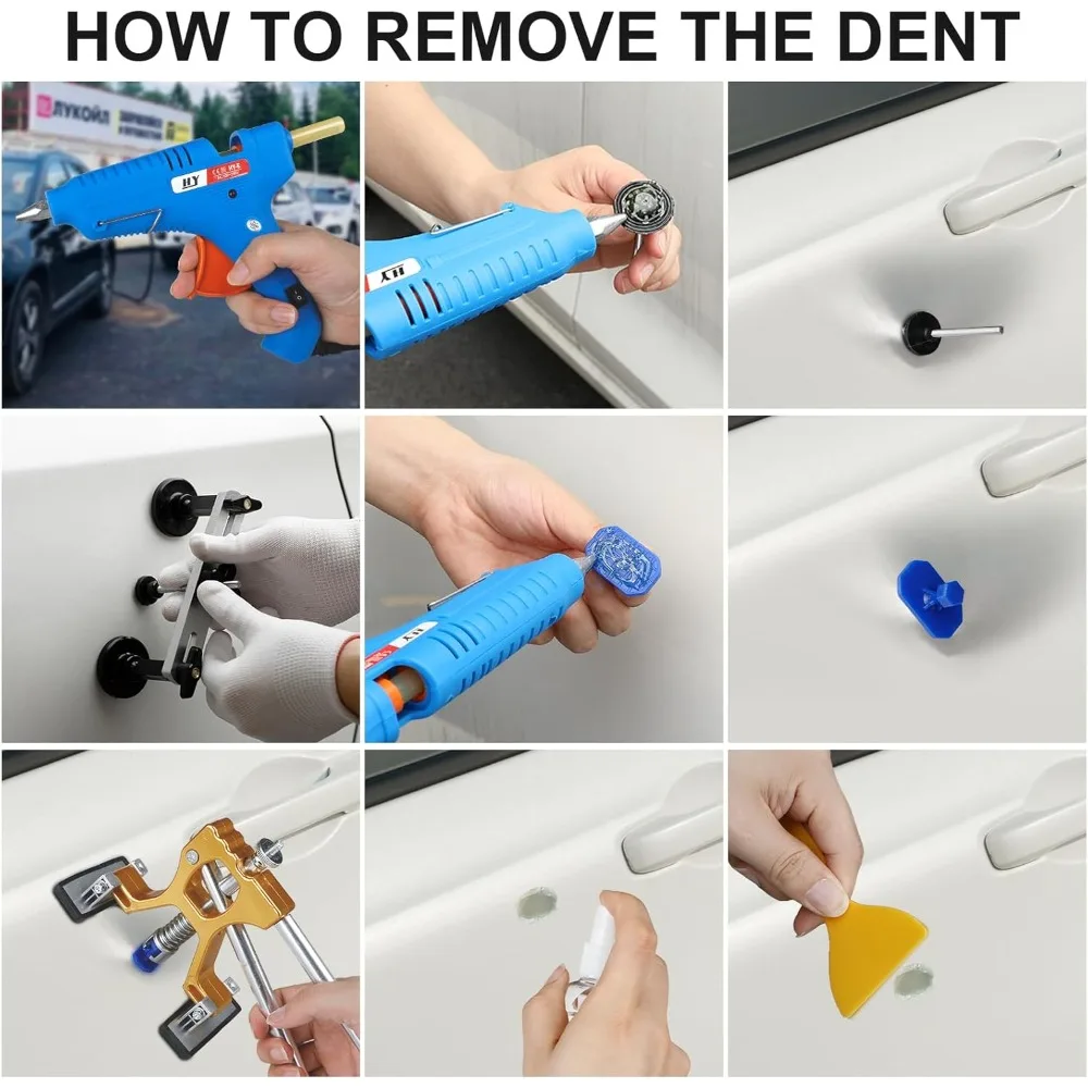 طقم إصلاح دنت احترافي مكون من 129 قطعة: مطرقة منزلقة وأدوات على شكل حرف T لإزالة أضرار حلفة السيارة