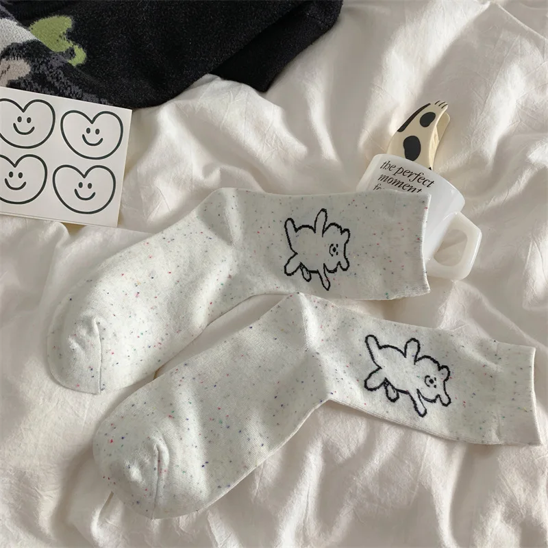 1/3 Pairs 2024 New Women's Breathable Socks Autumn And Winter Korean Dot Yarn Cartoon Bear All-match Middle-tube Socks