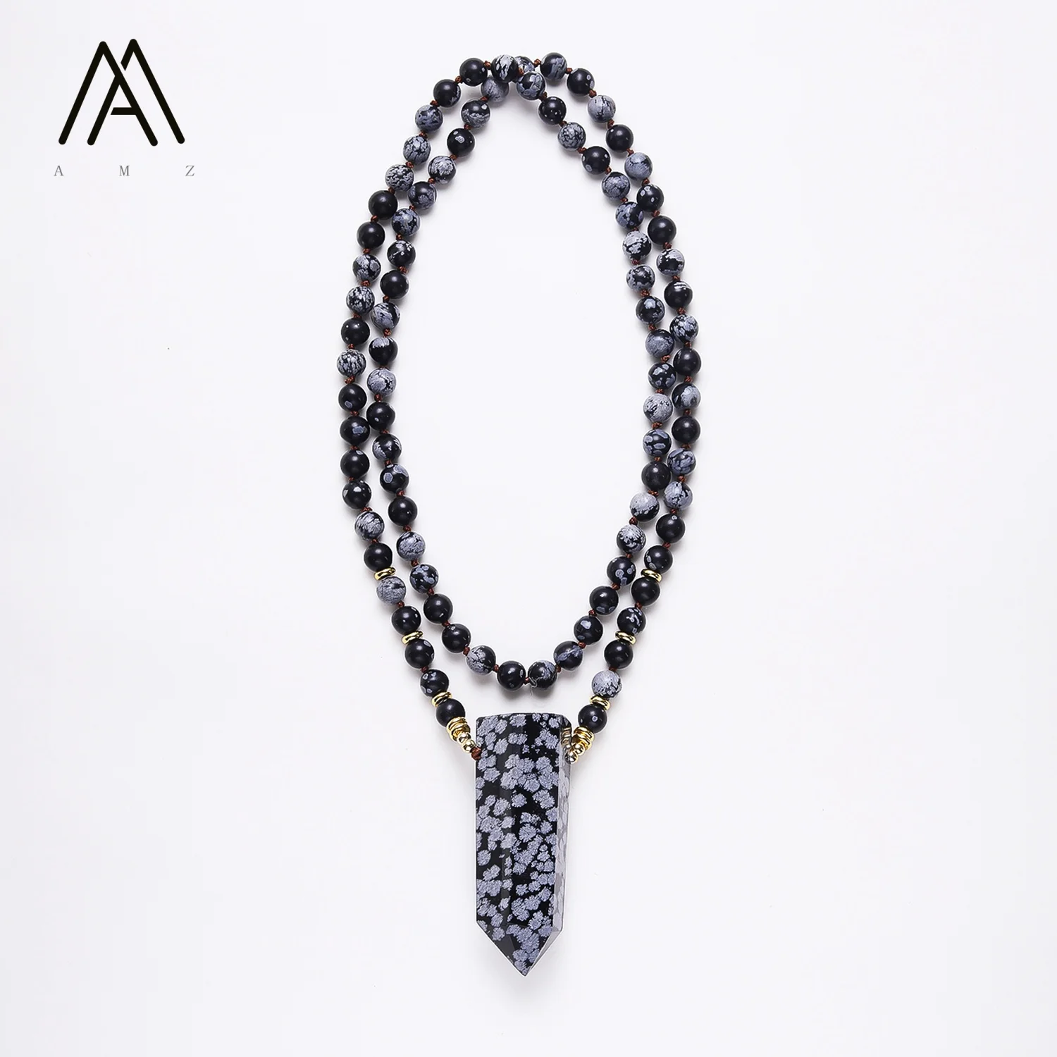 Natural Snowflake Stone Necklace Healing Crystal 108 Beads Mala Beaded Point Pendant for Women Party Daily Protection Jewelry