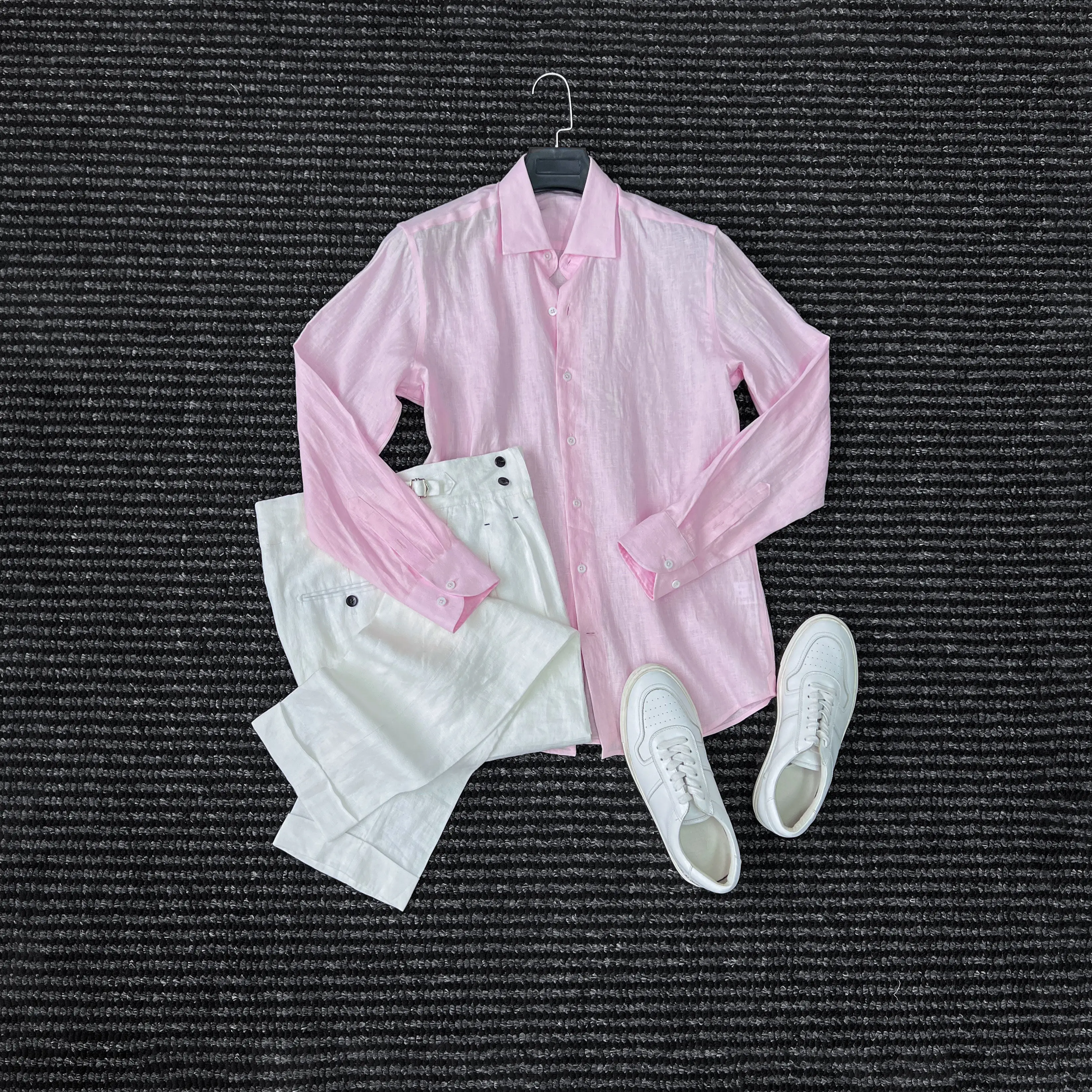 

Upstart young master old money style 100% linen long-sleeved shirt men's ice pink high-end ruffian handsome shirt tide