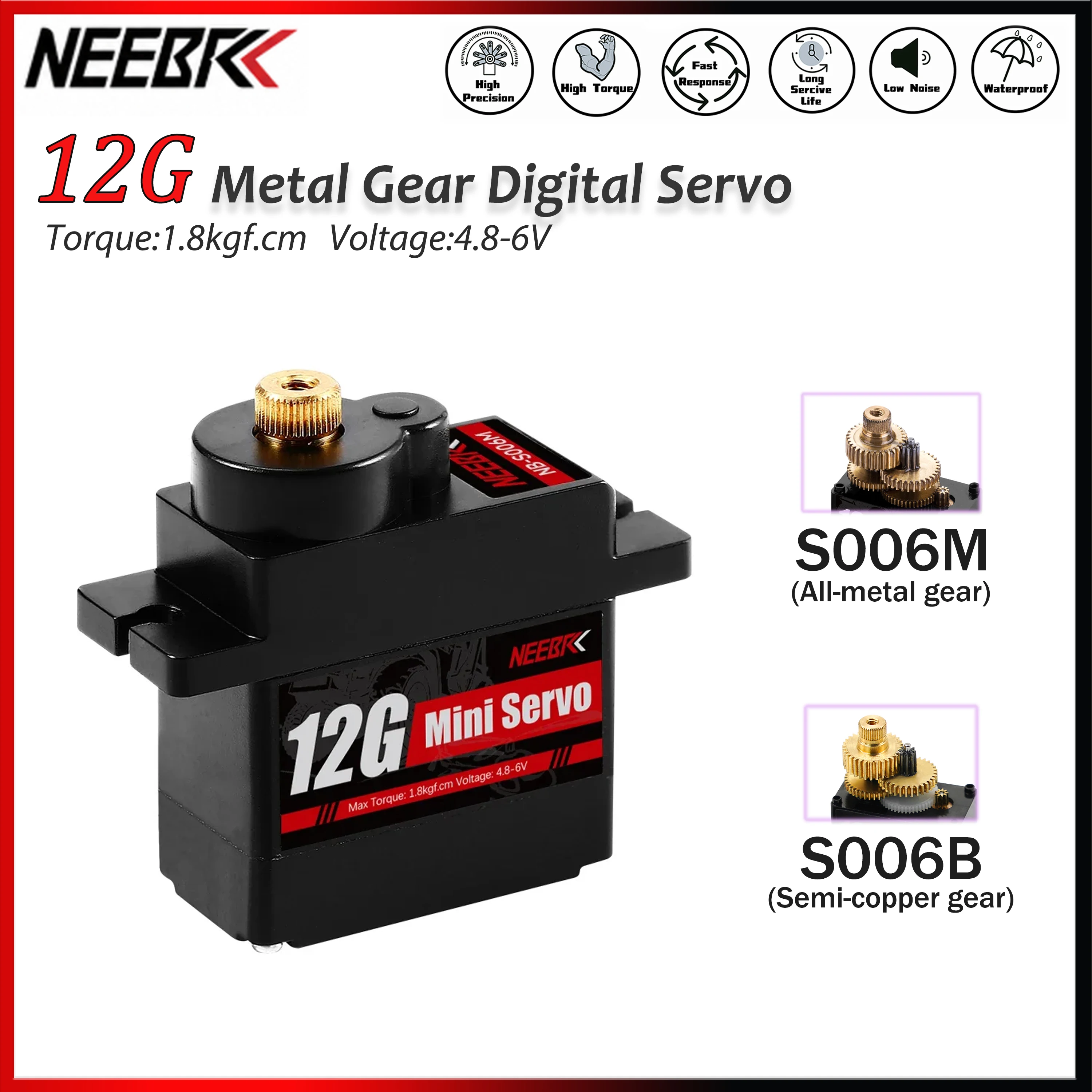 NEEBRC 12G Micro Servo Numérique à Engrenages Métalliques 1.8kgf.cm Couple Élevé 4.8-6V pour Voiture RC SCX24 1/24, Bateau, Avion, Robot, Pièces de Modèles Axiaux