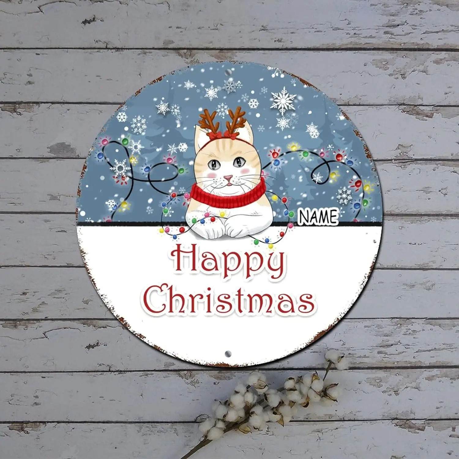 Merry Christmas Door Sign Custom Cat Name Winter Snow Scene Round Metal Tin Sign Christmas Wall Decorations Retro Plaque Metal S