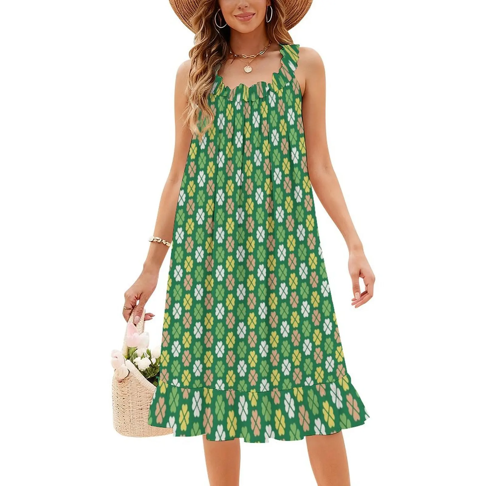 فستان محظوظ أخضر أصفر شامروكس بأربع أوراق البرسيم بوهو شيك أنيق موضة شاطئ حفل زفاف ثوب الاحتفال سعيد سانت