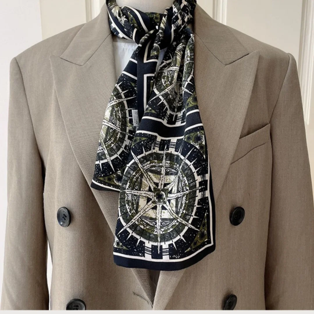 

Узкий черный длинный шелковый шарф, компас, французский компас в стиле ретро, 100% шелковый шелковый галстук, праздничный подарок, сумка, галстук, лента, роскошь