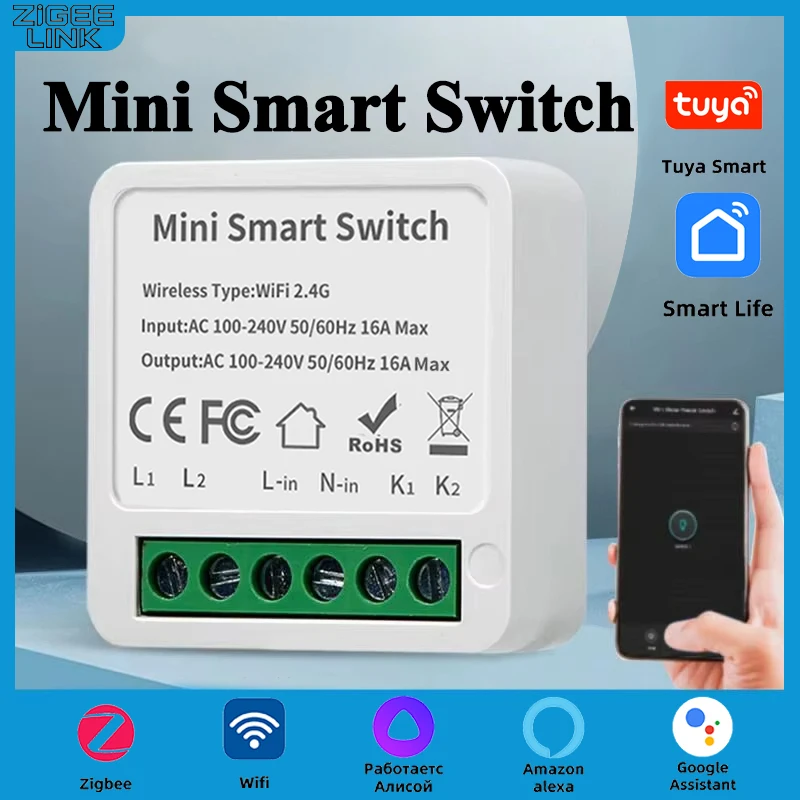 

Tuya WiFi/ZigBee3.0 Умный выключатель света Мини-выключатель Релейный модуль Беспроводное двустороннее управление Голосовое дистанционное приложение Smart Life Alexa Google