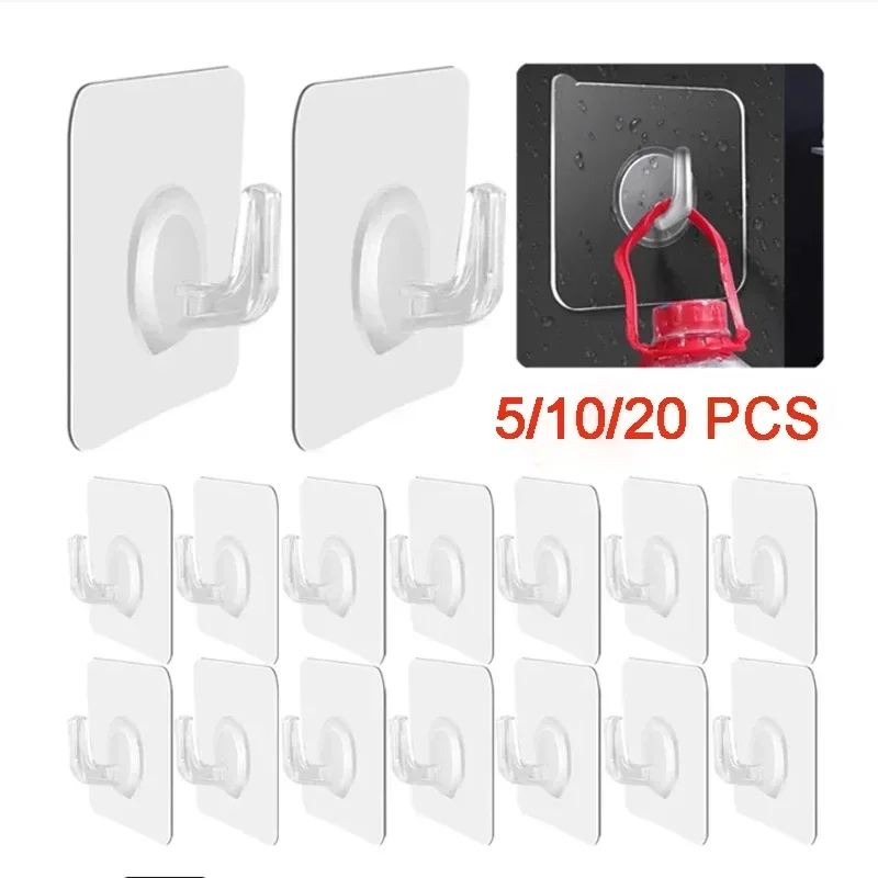 5-40pcs Transparent Stainless Steel Strong Self Adhesive Hooks Key Storage Hanger for Kitchen Bathroom Door Wall Multi-Function