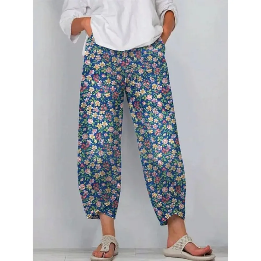 Vintage Blumenmuster Cropped Harem Caprihose Damen Baumwolle Locker Sitzende Tulpen-Wickelhose Knöchellange Freizeithose Sommer Streetwear – Detail 4