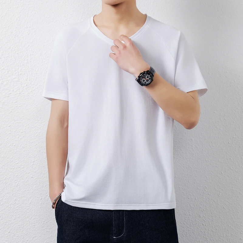2026 Summer Men's Silk-Textured Fashion Casual Solid Color Multi-Functional Short-Sleeved V-Neck T-Shirt Quick-Dry Breathable