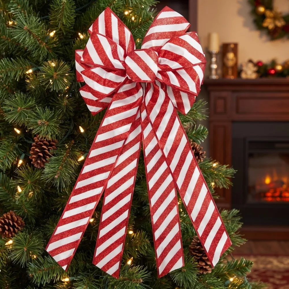 Extra Big Christmas Tree Large Bow Deocr High-end Style Striped/Cow Red Bow Tree Topper Elegant Ribbon Large Striped
