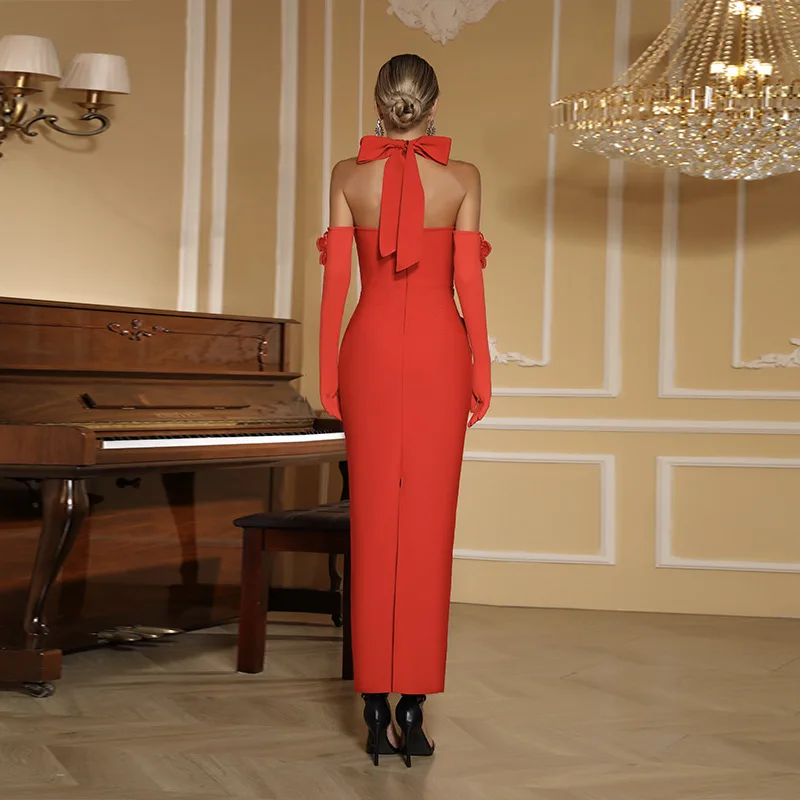 BEWQ แฟชั่นผู้หญิงสง่างามผ้าพันแผลชุดการเย็บปะติดปะต่อกันดอกไม้ 3 มิติเอวสูงชุดราตรี 2025 ฤดูใบไม้ร่วงใหม่