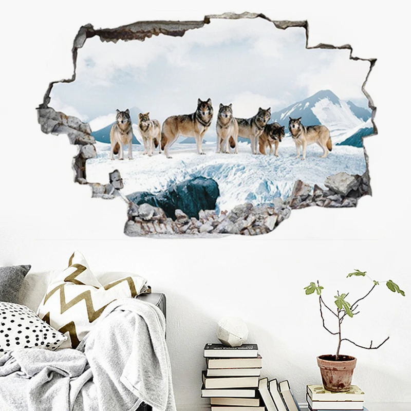 Snowy Mountains Wall Hole Art Snow Field Wolf Herd Vinyl Mural Stickers for Home Decoration Aesthetic Living Room Bedroom Porch
