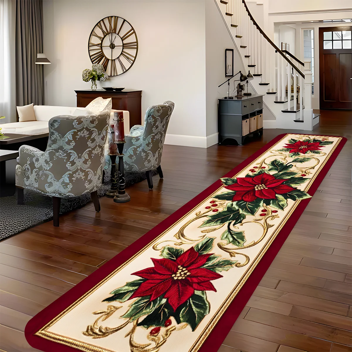 1.0cm thick + anti-slip backing - 1pc Christmas three-branch pine needle runner rug, multi-color background long strip carpet,