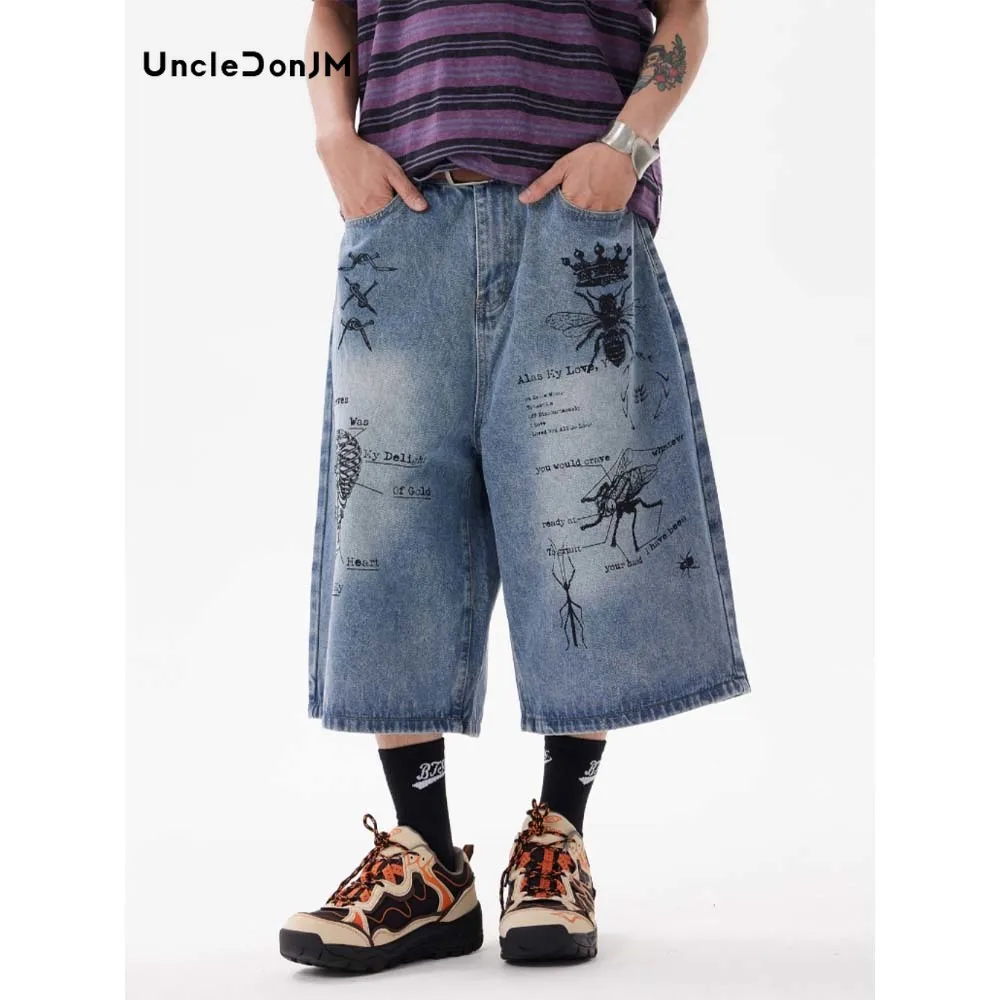 Vintage Washed Graffiti Denim Cropped Pants Cleanfit Loose Wide-leg Jorts Blue