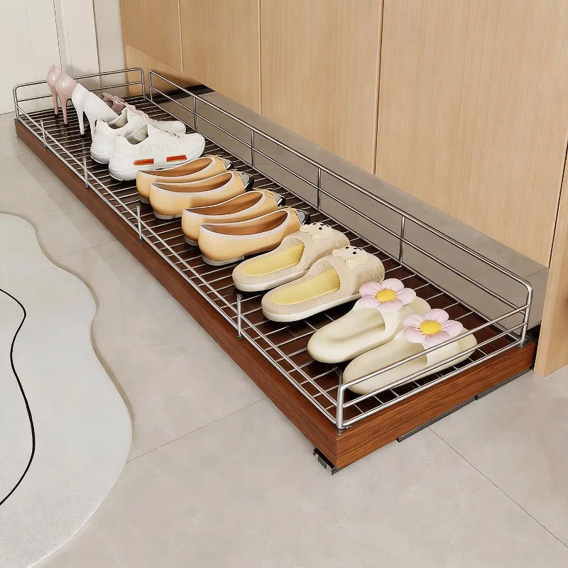 Pull Out Shoe Rack with Wheels, Under Cabinet Hidden Shoe Storage Tray, Ultra Thin Low Profile Floor Organizer for Entryway