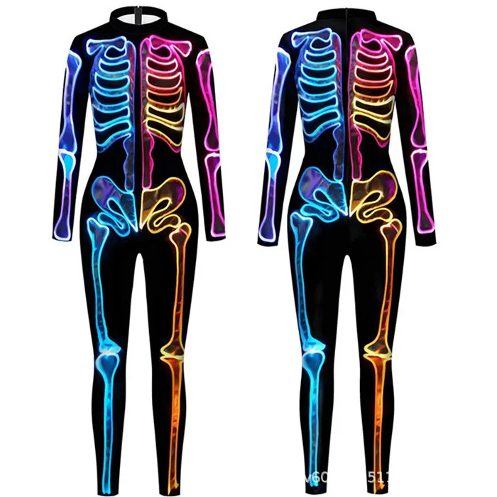 Skelett-Knochen-Blumen-Schädel 3D-Druck Anzug für Damen und Herren, Muskel-Menschenkörper-Jumpsuit, Halloween-Party-Cosplay-Kostüme – Detail 2