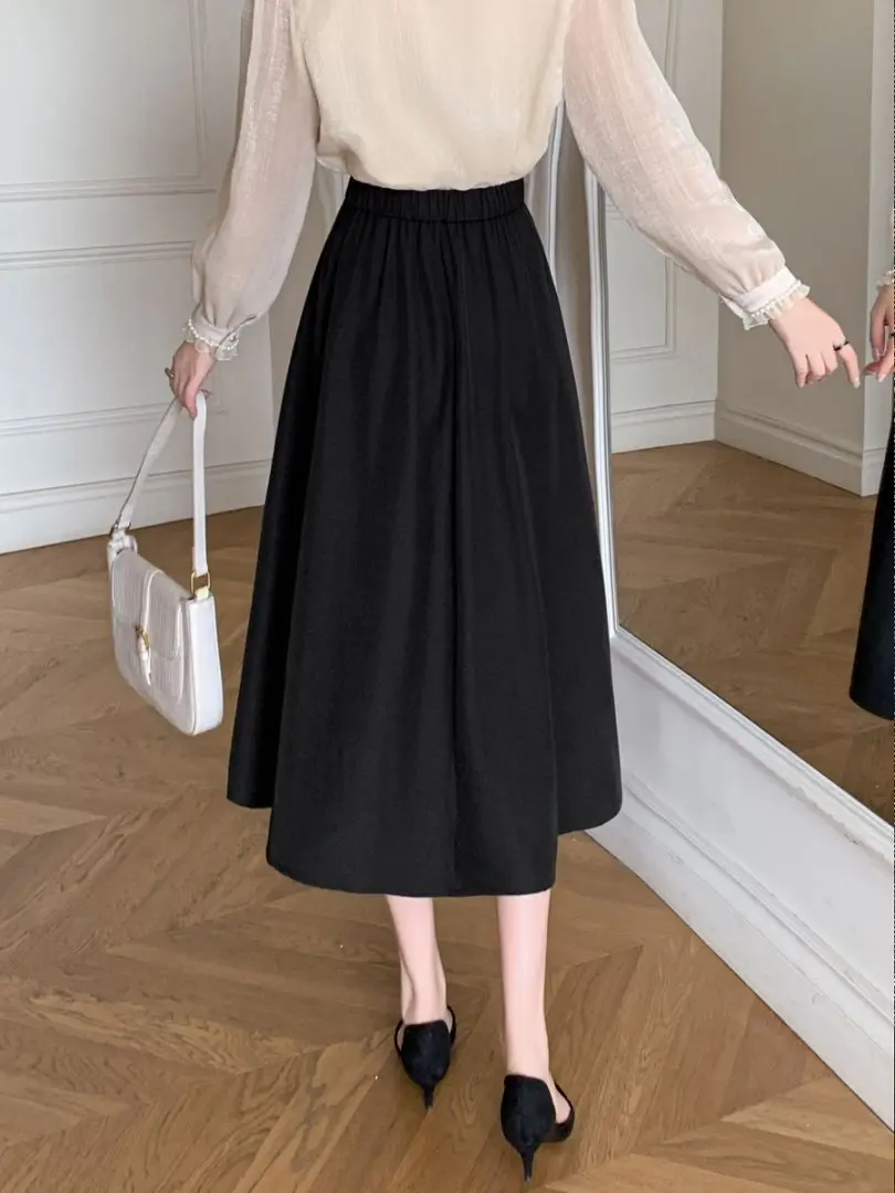 Elastic Waist Gray Office OL Midi Pleated Skirts Woman Spring Autumn Elegant Casual Suits A-Line Skirt Lady