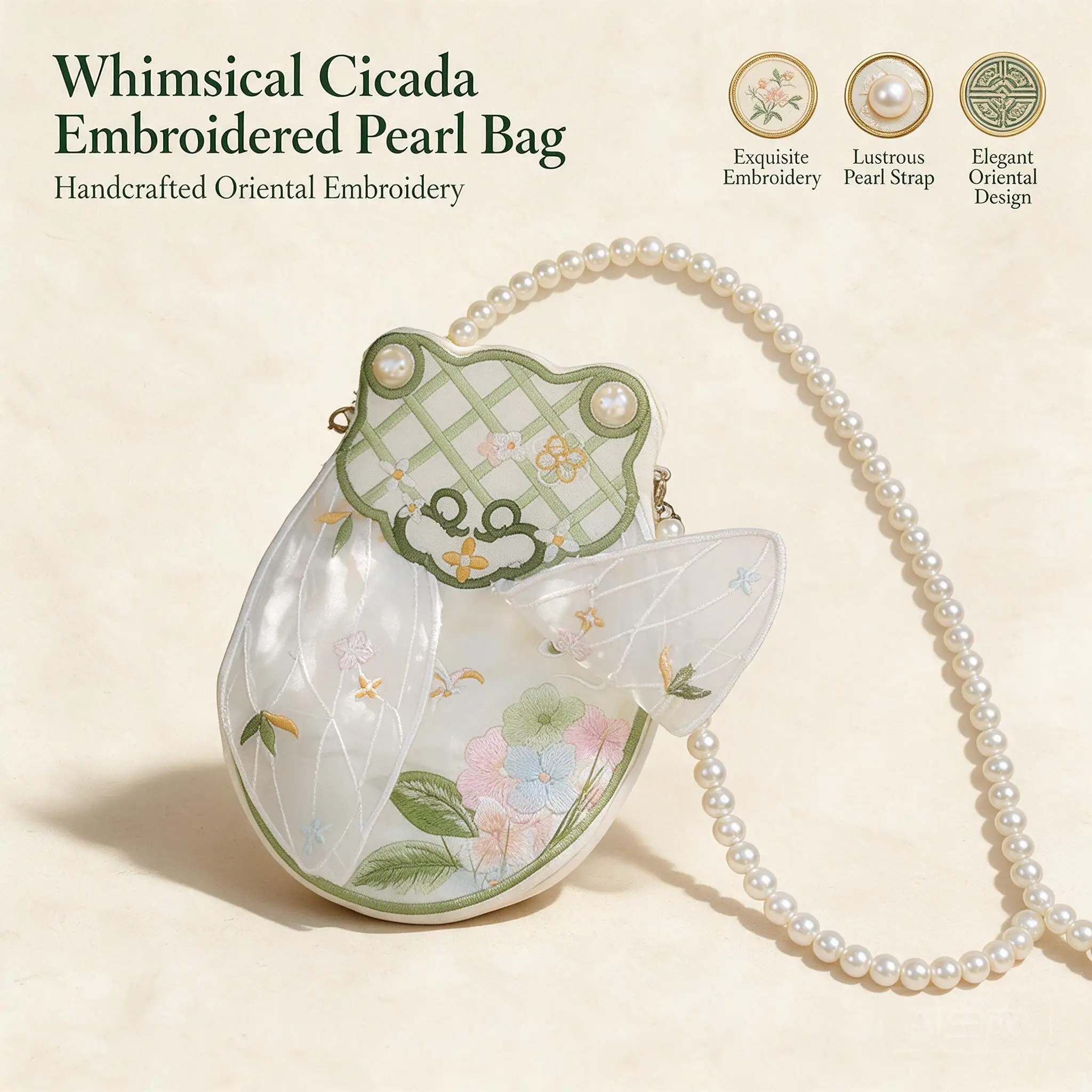 Vintage Chinese Style Embroidered Cicada Crossbody Bag Pearl Chain Strap Floral Coin Purse Women Daily Versatile Hanfu Accessory