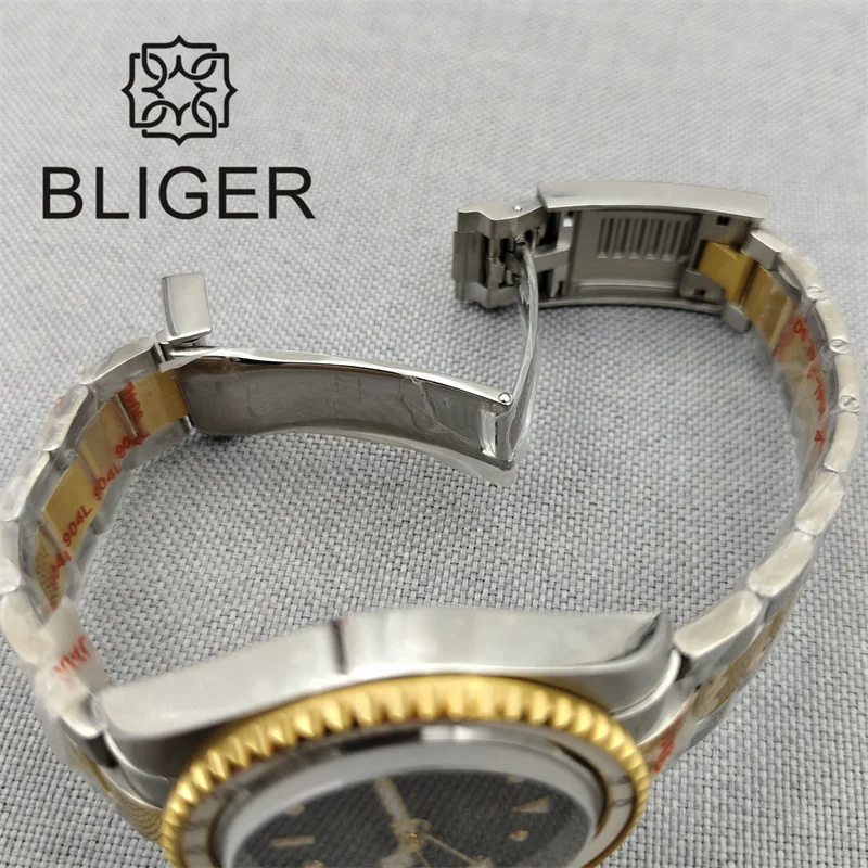 BLIGER 40mm Luxury NH34 GMT Watch For Men Two Tone Yellow Gold Bracelet Brown Dial Green Luminous Sapphire Glass Waterproof Date