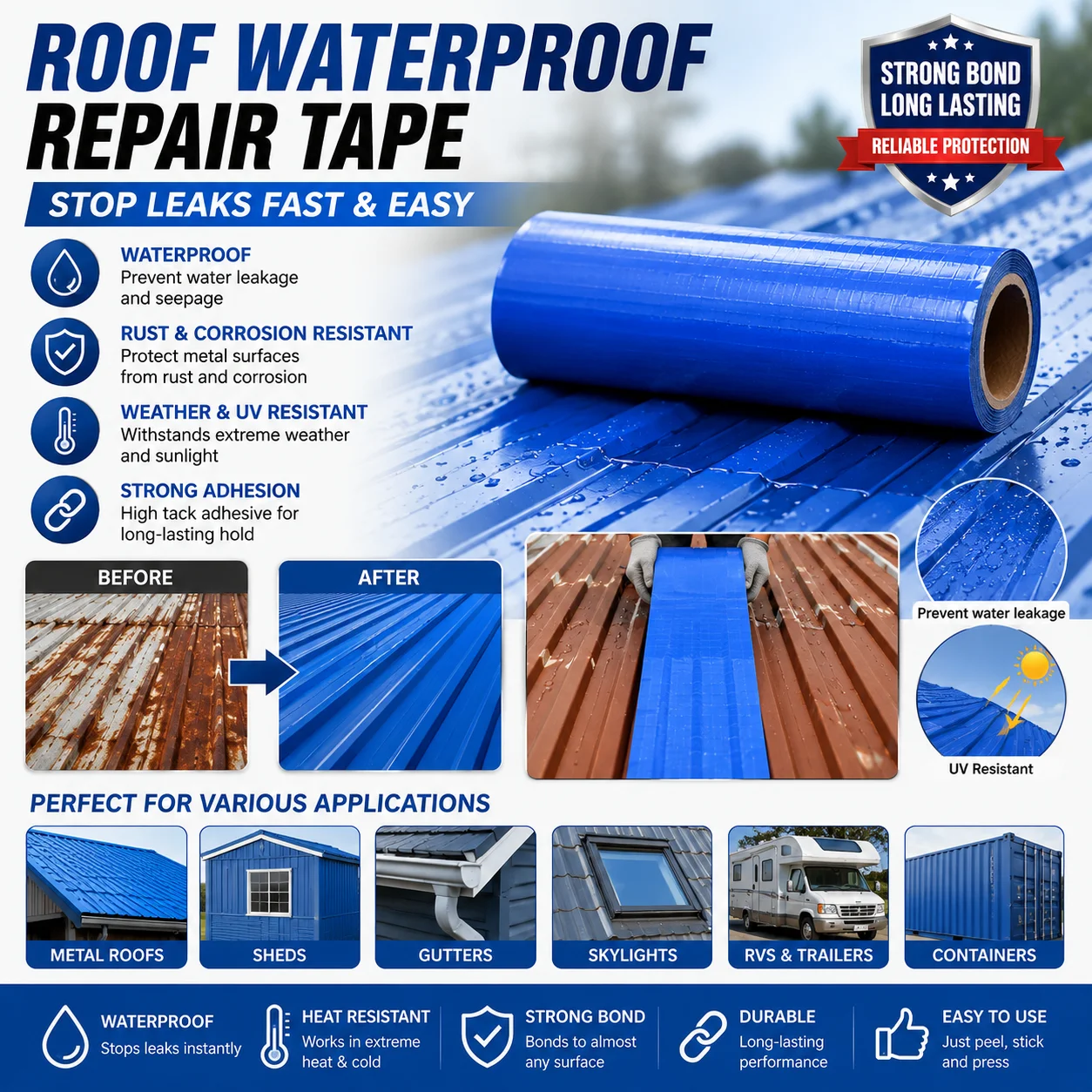 Roof Crack Repair Butyl Waterproof Tape Self‑Adhesive Aluminum Foil Sealing Patching Band for Roof Tile Leak Fix