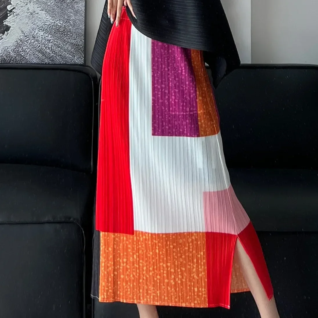 

Pleated Slit Mid-length Women's Semi-skirt Elastic Waist Printing High-end Fashion Versatile Temperament Skirt 2024 Summer New