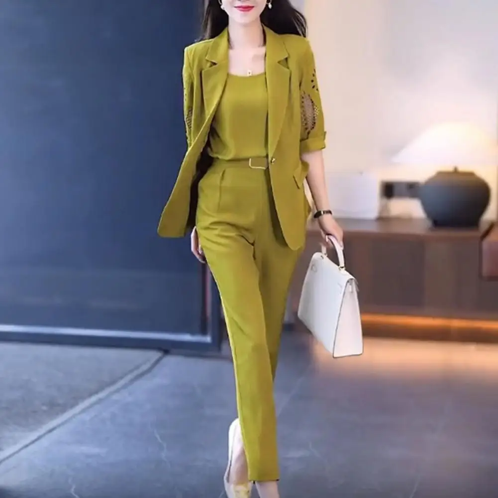 

Women Commute Set Chic Women's Business Suit Set V Neck Sleeveless Vest Lapel Hollow Out Coat High Waist Harem Pants Formal