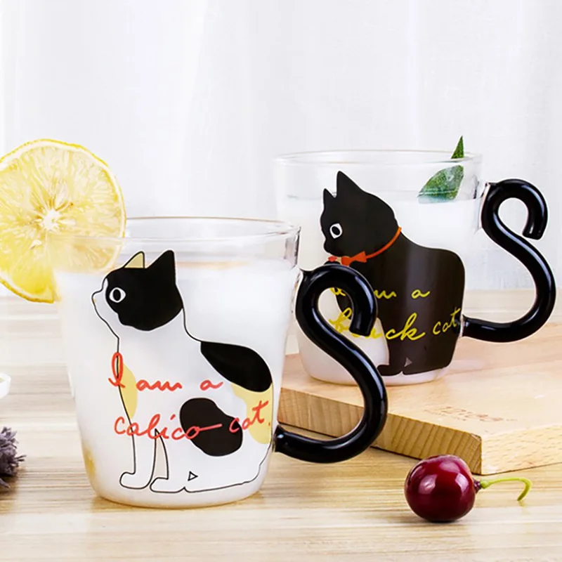 Glass Water Cup Cat Tail Handle Mug Milk Tea Coffee Fruit Juice Mug Drinkware