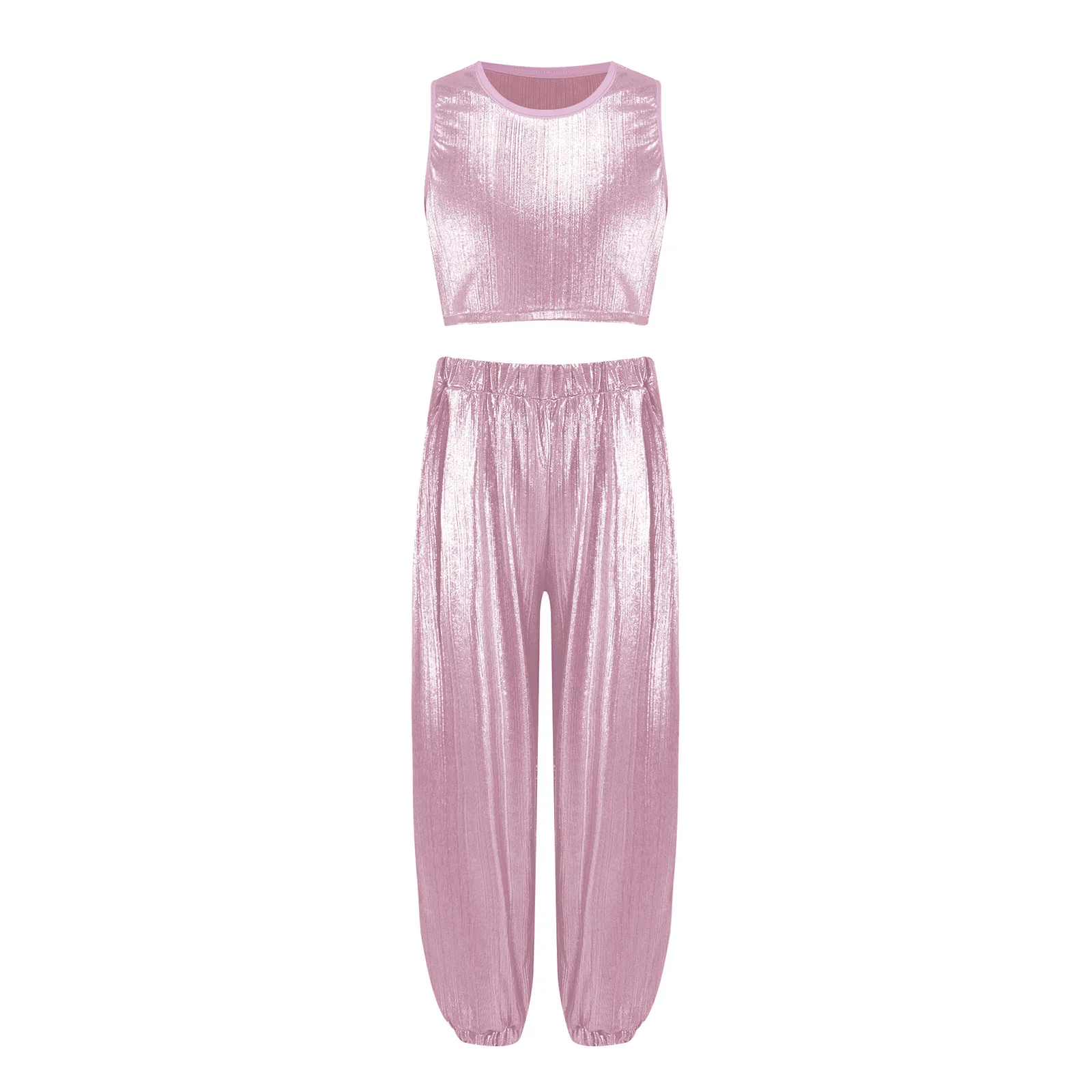 Kinder Mädchen Hip-Hop-Cheerleading-Auftritts-Kostüm Jazz-Tanz-Outfit Metallisch Geripptes Tanz-Outfit Ärmellose Weste mit Hose – Detail 28