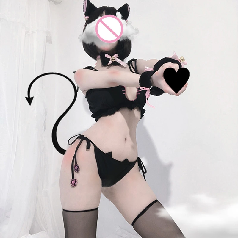 Katze Cat Cosplay baştan çıkarıcı meme aşk iç çamaşırı sahne üniforması üç noktalı kadın Kawaii seksi iç çamaşırı kostüm