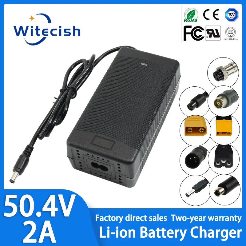 50.4V 2A Lithium Charger For 12Series 44.4V Li-ion battery pack Charging, voltage 100-240V, high-quality EU/US/UK/AU/SANS Plug