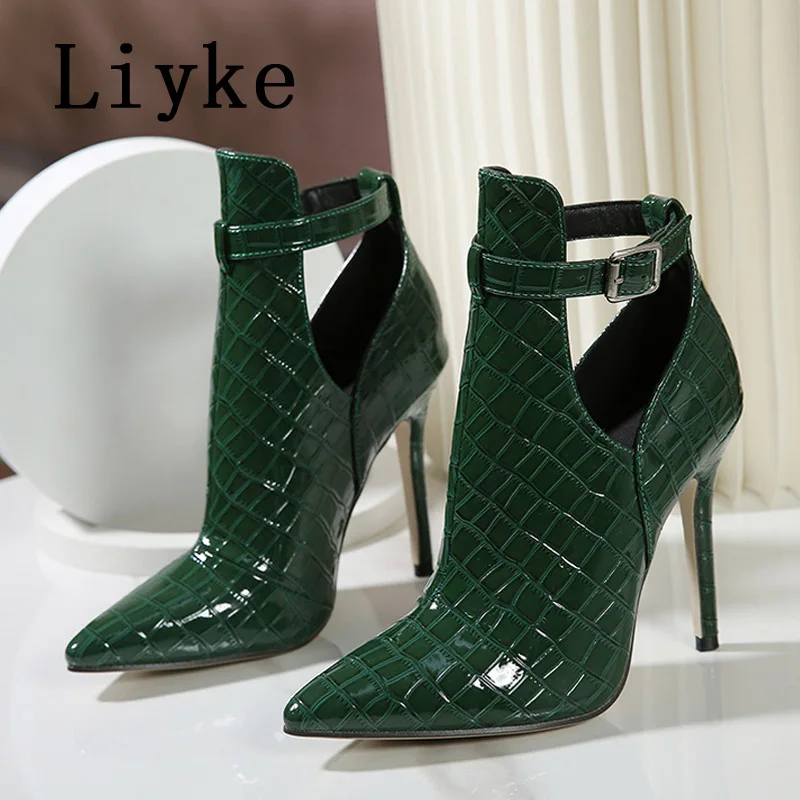 Liyke primavera otoño botines de mujer Sexy estampado de serpiente verde puntiagudos baile en barra tacones altos moda hebilla Correa zapato Chelsea